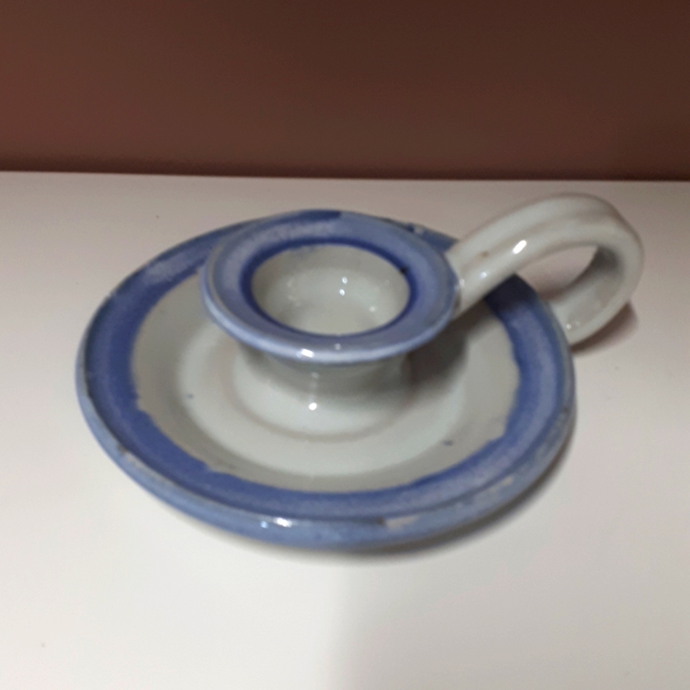 Vintage Handmade Glazed Pottery Candle Holder Glass Blue/White